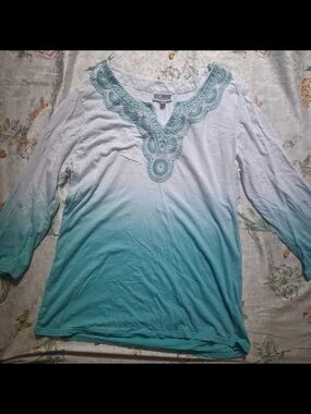 JM Collection White to Turquoise Ombre Tunic with Embroidered V-Neck